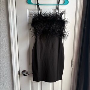 Black Feather-Trim Slip Dress